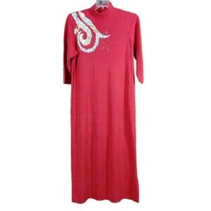 Vintage Carole Patterson L Red Mock Neck 3/4 Sleeve Sequins Maxi Sweater Dress
